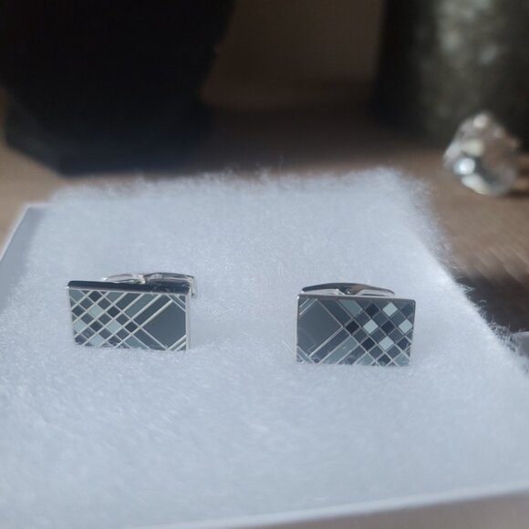 Burberry Men's Enamel Checkblock Cufflinks Rectangle - Gunmetal Gray Black - Picture 1 of 6